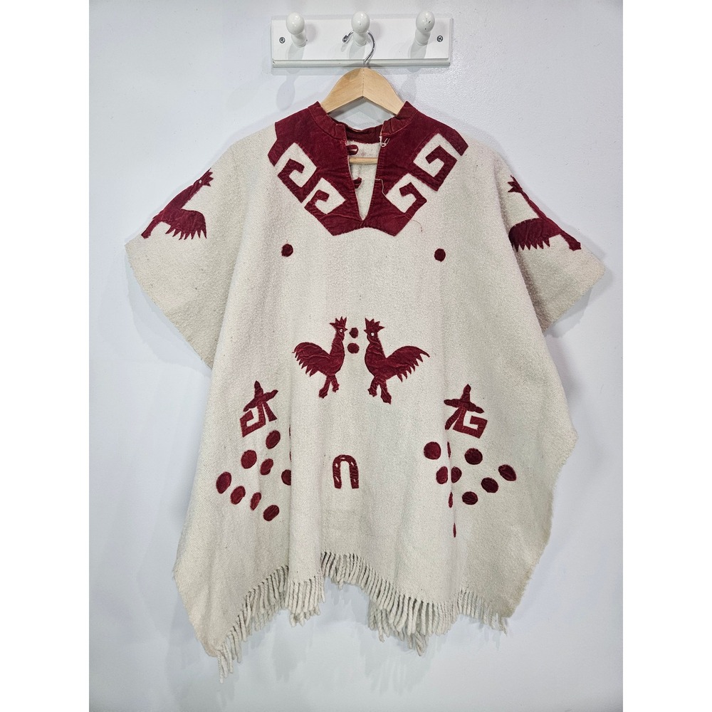Handmade Vtg Mexican 70s Wool Poncho Cream Velvet Rooster Applique Fringed Folk
